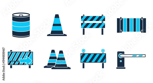Collection of construction and road safety equipment icons, including barriers, cones, and gates