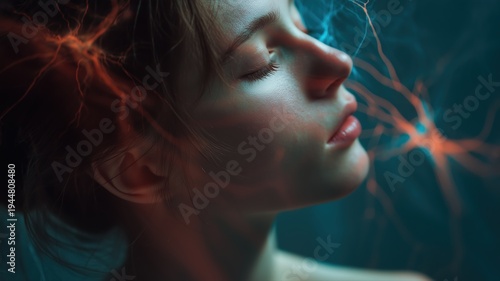 Striking digital illustration of a serene face with glowing neural networks, symbolizing neuroplasticity, innovation, and the power of the human mind