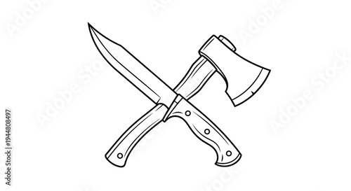 Stylized Hunting Knife and Axe Crossed Coloring Page for Adults. transparent.