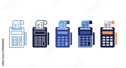 Diverse vector illustrations of modern point of sale terminals with receipts, symbolizing retail transactions, digital payments, and financial technology in commerce settings