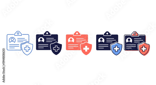 Collection of health insurance ID card icons, featuring a shield and medical cross, symbolizing patient security and medical identification for healthcare services and policy management