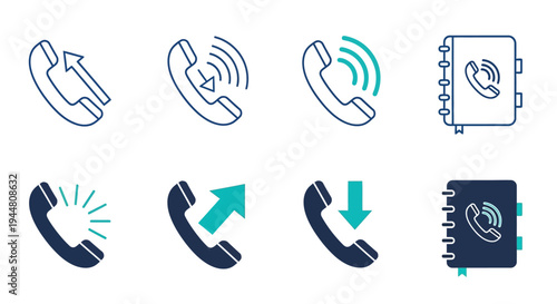 Vector line icon set illustrating telephone communication concepts with symbols for incoming, outgoing, and ringing calls, alongside a contact directory, perfect for app and web design