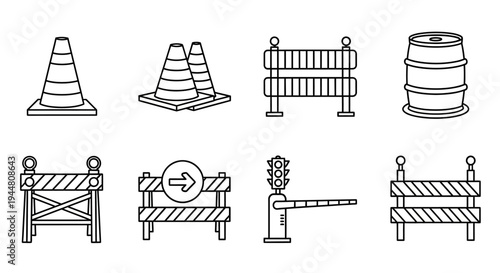 Line Art Icons Set of Road Safety and Construction Barrier Elements, Including Traffic Cones, Fences, and Gate Symbols for Industrial and Urban Control Designs