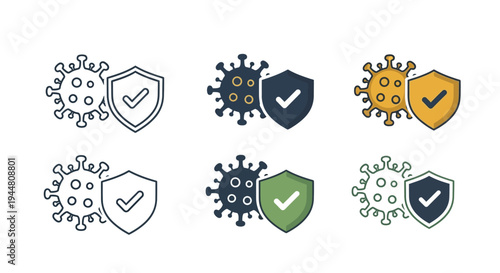 Illustration of virus protection shield icons with checkmarks on white background