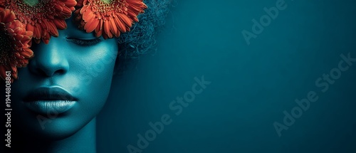 A woman's face is shown in blue tones with bright orange flowers covering her eyes. The artistic portrait has a teal background and creative theme.