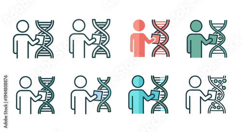 Set of diverse icons illustrating genetic research, DNA analysis, and scientific investigation, featuring human figures interacting with double helix structures, symbolizing biotechnology