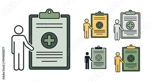 Medical icons representing a person presenting a clipboard with a cross symbol, signifying healthcare and medical services