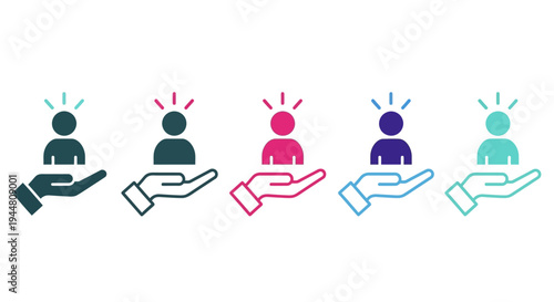 Hand holding person icon symbolizing care, support, and human resources, with colorful variations to represent diversity and inclusion