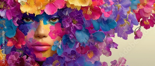 A woman face is partially obscured by a vibrant explosion of colorful flowers. The petals create a beautiful, artistic frame around her features.