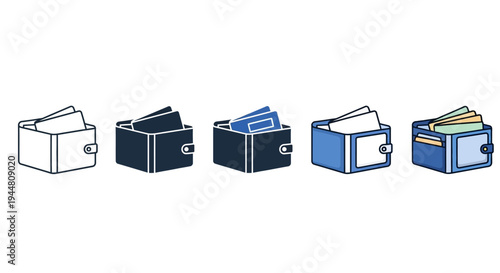 Collection of minimalist wallet icons with cash and cards, symbolizing finance and wealth management