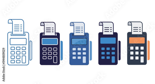 Dynamic Vector Icon Collection of Point of Sale Devices and Credit Card Terminals Issuing Receipts for Business and Retail Payments