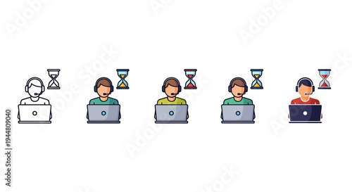 Set of vector icons depicting customer support agents working on laptops with headsets, emphasizing online assistance, service efficiency, and time management in helpdesk operations