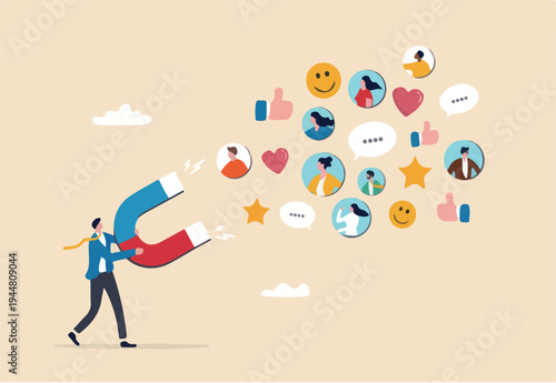 Brand engagement or customer engagement, social positive feedback after using product and share loyalty and trust concept, businessman magnet draw customers with brand engagement impression