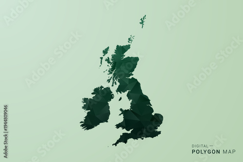 United Kingdom Map - Green Polygon Style Vector Illustration, Low Poly Geometric Design with Clean Silhouette on soft green Background.