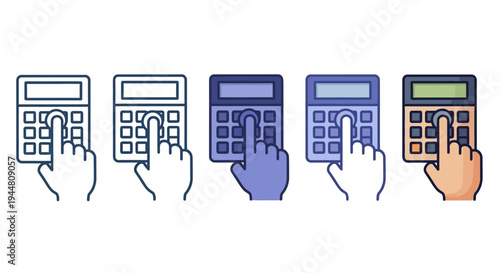 Calculator icons showing a hand interacting with buttons, presented in various color schemes