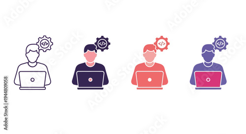 Illustrations of people working on laptops with gears and code symbols, representing programming and software development