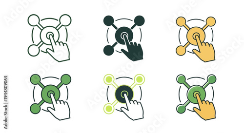 Conceptual representation of user interaction within a digital network, illustrating touch selection and interconnected nodes for data management and system control