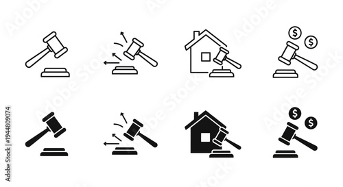 Set of auction gavel icons representing legal proceedings, property sales, and financial transactions