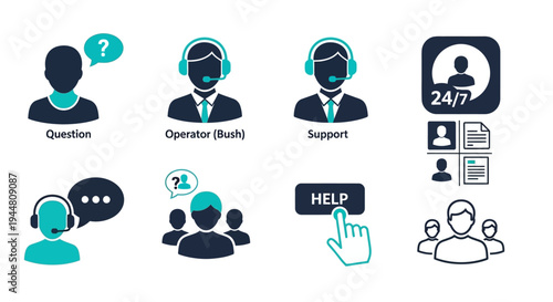 A vibrant collection of customer service and technical support vector icons, representing help, communication, and online assistance for businesses and digital platforms