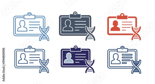 Identification and genetic analysis icons representing personal data and DNA sequences for medical or scientific purposes