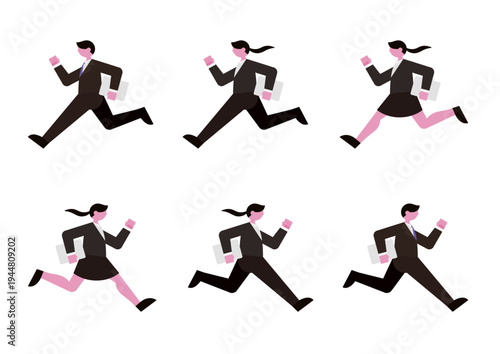 パソコンを持って走るビジネスマン・ビジネスウーマン、就活生のベクターイラスト素材セット