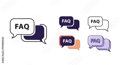 Frequently Asked Questions (FAQ) speech bubble icons in various styles, representing customer support, help, and information queries for digital platforms