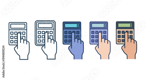 Illustrations of a hand using a calculator in various styles, perfect for financial or educational content