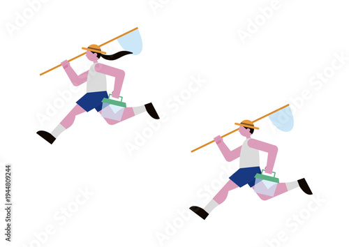 虫取り少年・少女のベクターイラスト素材