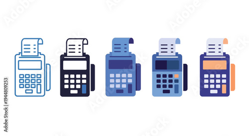 Collection of modern vector illustrations depicting various payment terminals and cash registers with printed receipts, ideal for business, retail, and financial transaction concepts