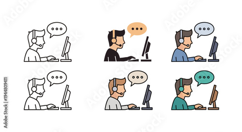 Customer service representative at computer with speech bubble icons, representing communication and online support services