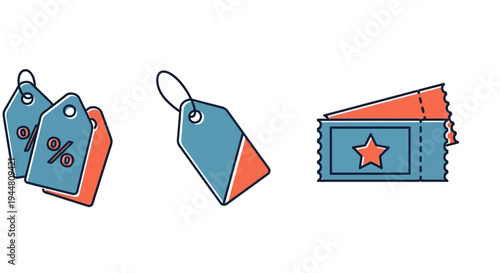 Vector outline icons featuring price tags, percentage discounts, and event tickets. Ideal for illustrating sales, promotions, special offers, and various commercial applications