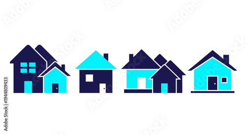 Collection of simplified graphic icons depicting various house styles and sizes in a modern, minimalist aesthetic