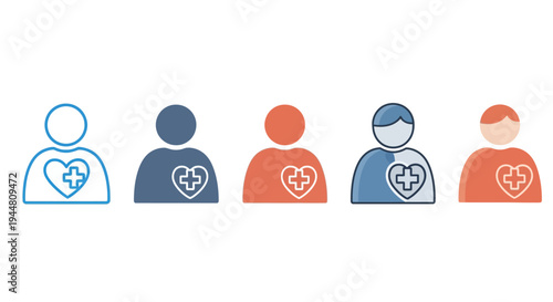 Collection of stylized person icons featuring a heart with a plus sign, representing medical care, health support, donation, and well-being for a diverse community