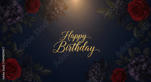 Dark blue full hd 4k stock image download background with red roses and purple hydrangeas and golden happy birthday text