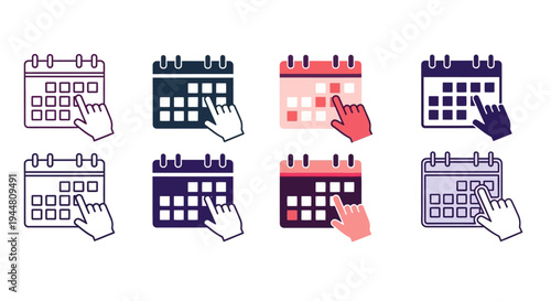 Versatile collection of digital calendar icons with interactive pointer hands, symbolizing online date selection, event planning, and appointment scheduling