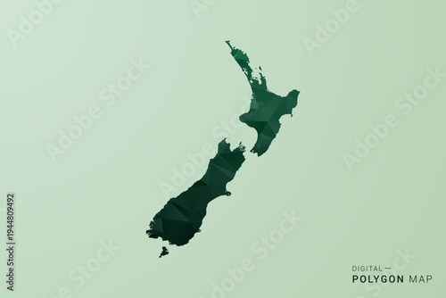 New Zealand Map - Green Polygon Style Vector Illustration, Low Poly Geometric Design with Clean Silhouette on soft green Background.