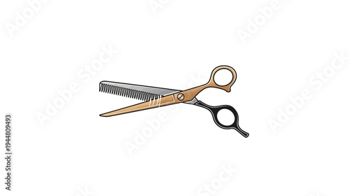 Hair cutting scissors with black handle.