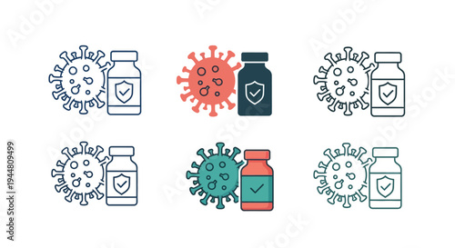 Collection of outlined and filled vector icons illustrating a virus particle adjacent to a protective vaccine vial, symbolizing global health efforts, immunity, and prevention against viral diseases