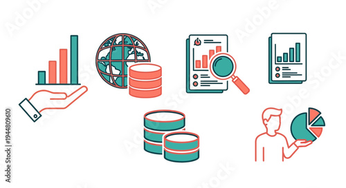 A collection of flat design icons depicting financial data analysis and business growth concepts