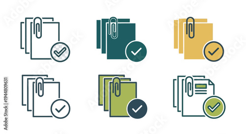 Set of icons representing document management and task completion with checkmarks