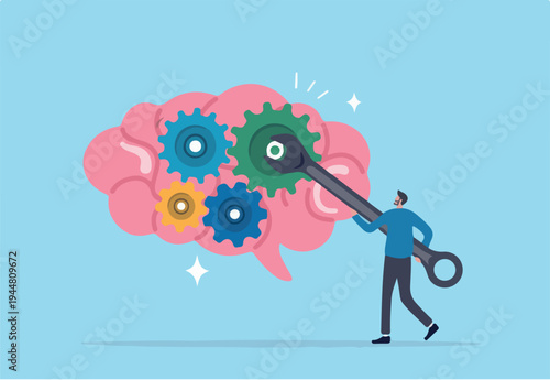 Brain intelligence, fix or adjust creativity thinking, wisdom or improve knowledge learning, tune attitude level or idea development concept, man using wrench adjust gear cogwheels in human