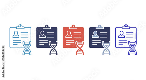 Set of medical identity cards with DNA helix symbols, representing genetics and personal identification