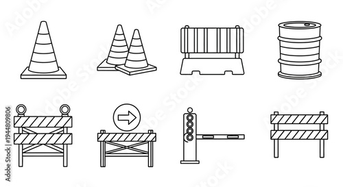 Set of traffic control and road safety equipment icons, including cones, barriers, and a barrel, useful for construction and roadwork visuals