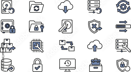 Collection of data management and system maintenance outline icons in blue and black.