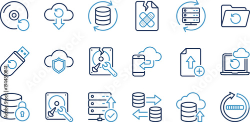 A comprehensive set of outline icons illustrating various data management, storage, backup, and recovery processes.
