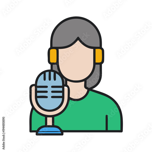 Colorful cartoon of a woman with headphones singing into microphone on black background