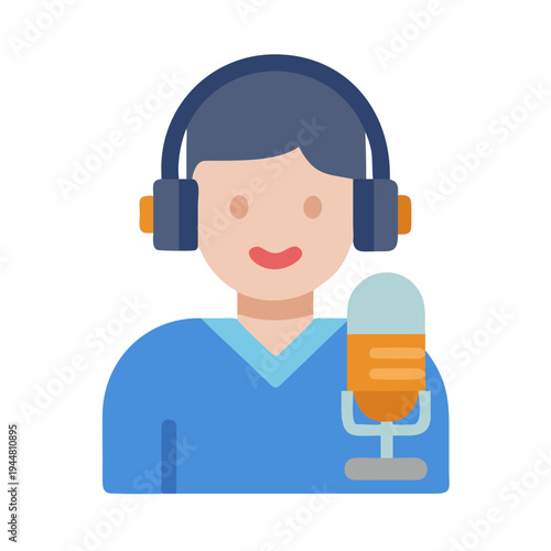 Podcast host with headphones and microphone on a black background in flat style