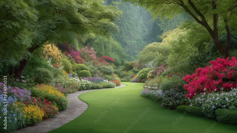 Obraz premium Serene Garden Pathway Surrounded by Vibrant Flowers, Lush Greenery, and Tranquil Nature Scene in Full Bloom