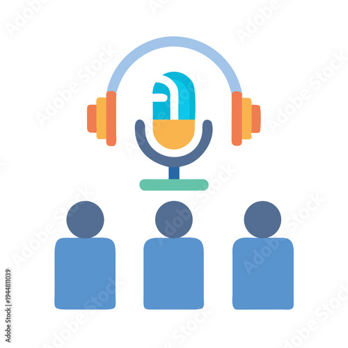 Podcast recording with audience and headphones microphone on a black background