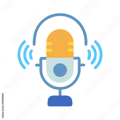 Vibrant podcast microphone icon with signal waves isolated on black background